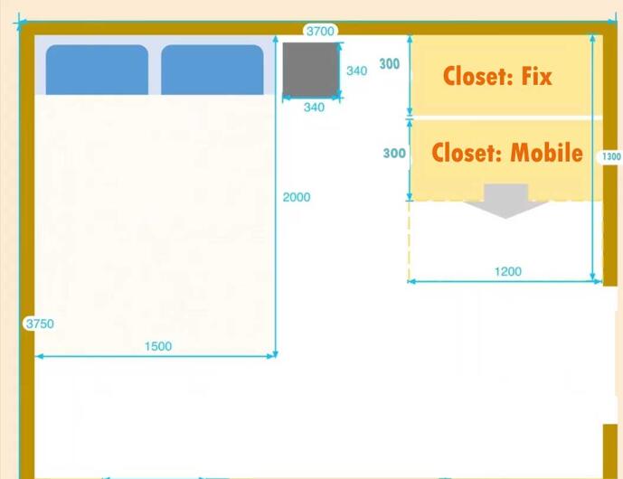 4x4 design with moveable closet