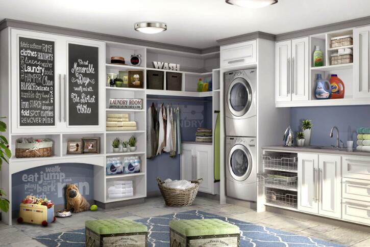 large laundry room cabinet and haning rods arrangement