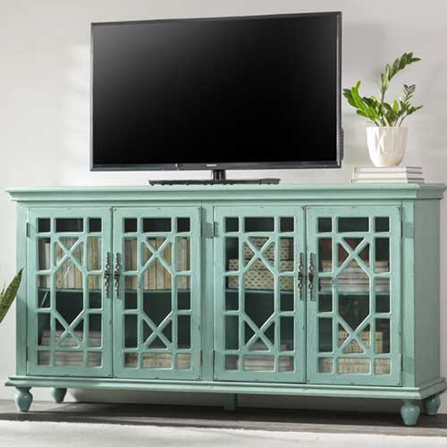 teal finish 4 shelf tv table with doors