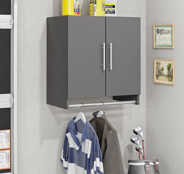 grey wall cabinet with clothes rods for laundry