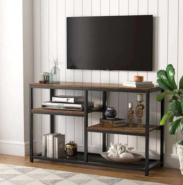 4 shelf tv stand with opening shelving area