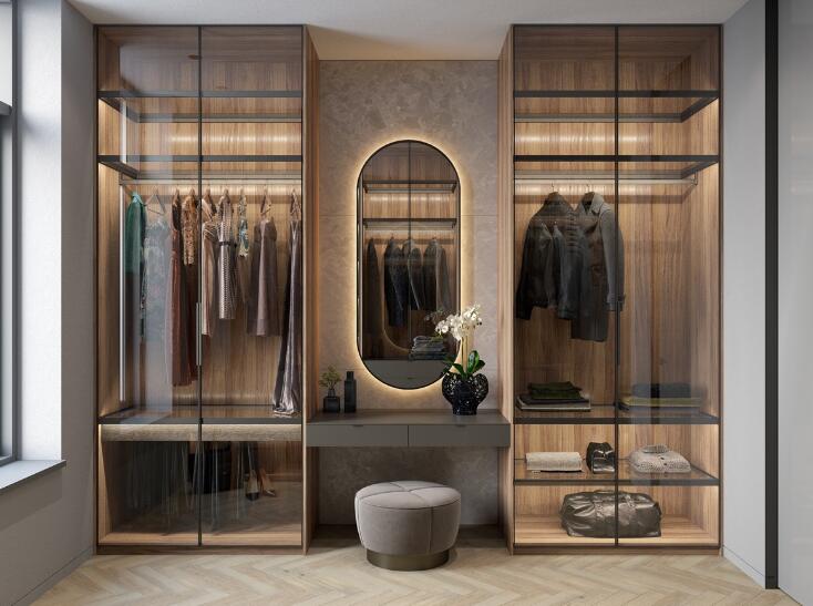 modern style walk in closet with dresser